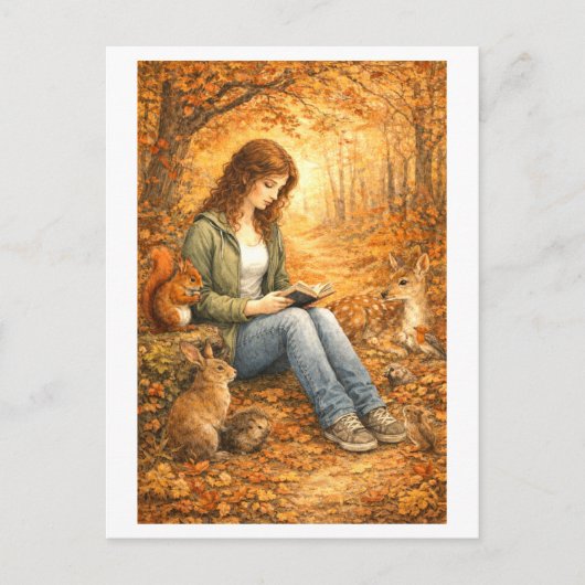 Waldlesen im Herbst Postkarte (Vorderseite)