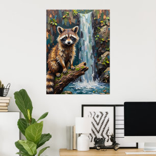 Waldnähe: Raccoon bei den Wasserfällen Poster