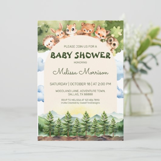 Waldparadies Forest Baby Boy Dusche Einladung (Stehend Vorderseite)