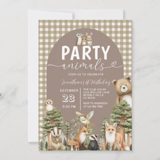 Waldparty-Tiere 1. Geburtstag Gingham Einladung (Vorderseite)