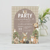 Waldparty-Tiere 1. Geburtstag Gingham Einladung (Stehend Vorderseite)