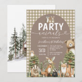 Waldparty-Tiere 1. Geburtstag Gingham Einladung (Vorne/Hinten)