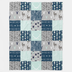 Waldpatchwork Hirsch. - Minze/Marine/grau Fleecedecke