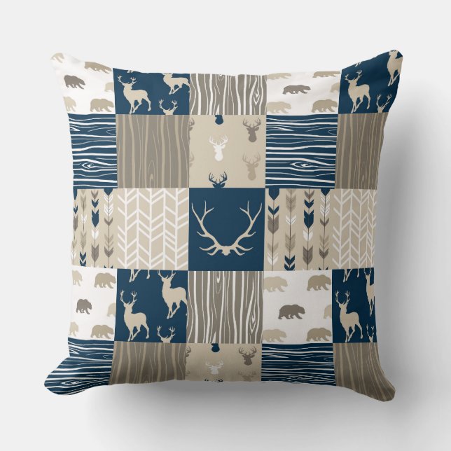 Waldpatchwork-Pillow - Navy und Tan Kissen (Vorderseite)