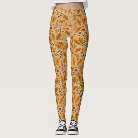 Waldpilze und Herbstflora auf Ocker Leggings (Vorderseite)