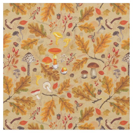 Waldpilze und Herbstflora auf Ocker Stoff (Nahaufnahme)