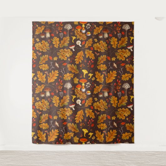 Waldpilze und Herbstflora in Braun Wandteppich (Vorderseite)