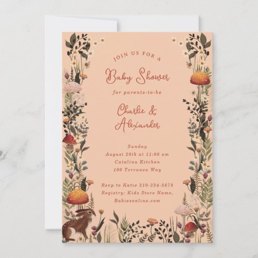 Waldpilze Wildblumen pfirsichen Babydusche Einladung (Vorderseite)