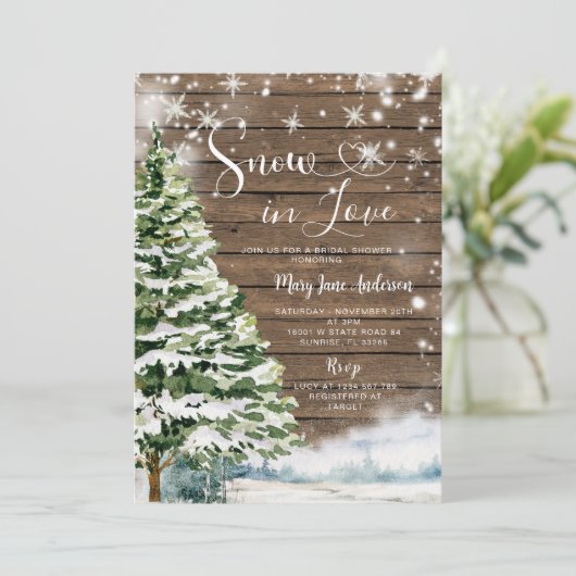 Waldschnee in der Liebe Winter Evergreen Brautpart Einladung (Stehend Vorderseite)