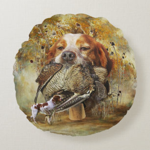 Waldschnepfenjagd mit Brittany Spaniel Rundes Kissen