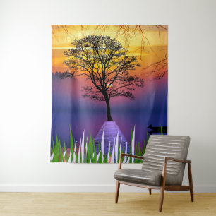 Waldsee-Silhouette mit Dschungelbaum Wandteppich