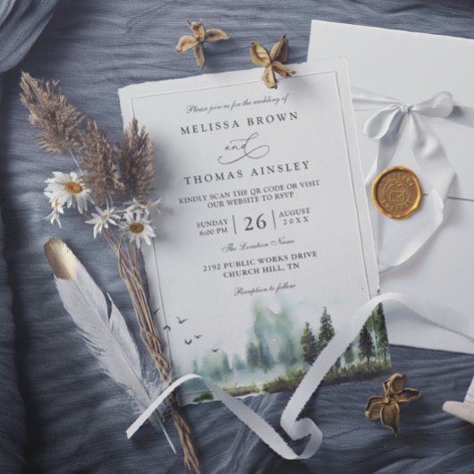 Waldsee-Wald-Wasserfarben-QR-Code-Hochzeit Einladung