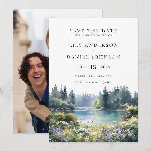 Waldsee Wildblumen Florales Foto Hochzeit Save The Date (Vorne/Hinten)