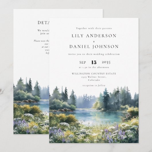 Waldsee-Wildblumen Hochzeit mit QR-Code Einladung (Vorne/Hinten)