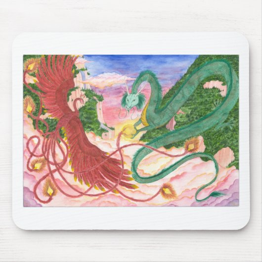Waldsonnenuntergang-Drache und Phoenix Mousepad (Vorne)
