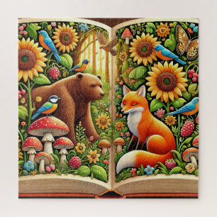Waldszene mit Bär, Fuchs, Sonnenblumen Puzzle