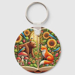 Waldszene mit Bär, Fuchs, Sonnenblumen Schlüsselanhänger