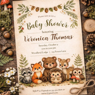 Waldthema - Süße Waldtiere Baby Shower Einladung