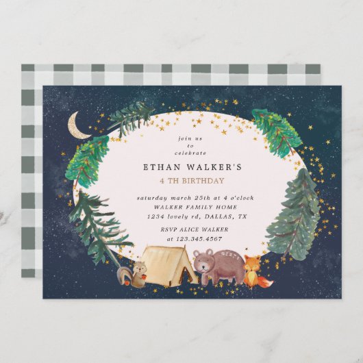 Waldtier am Abend Camping Geburtstag Einladung (Vorne/Hinten)