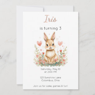 Waldtier Geburtstag Hase Rosa Herzen Floral Einladung