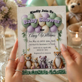 Waldtier Grün und Lavendel Babyparty Einladung