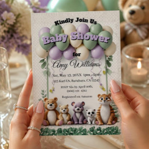 Waldtier Grün und Lavendel Babyparty Einladung