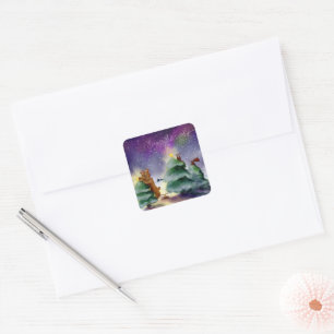 Waldtier-Weihnachten-Aurora-Wasserfarben-Aufkleber Quadratischer Aufkleber