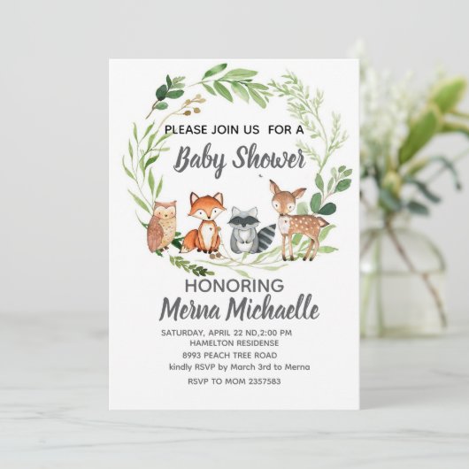 Waldtierdusche Einladung (Stehend Vorderseite)