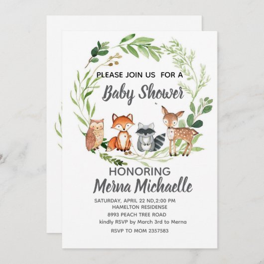 Waldtierdusche Einladung (Vorne/Hinten)