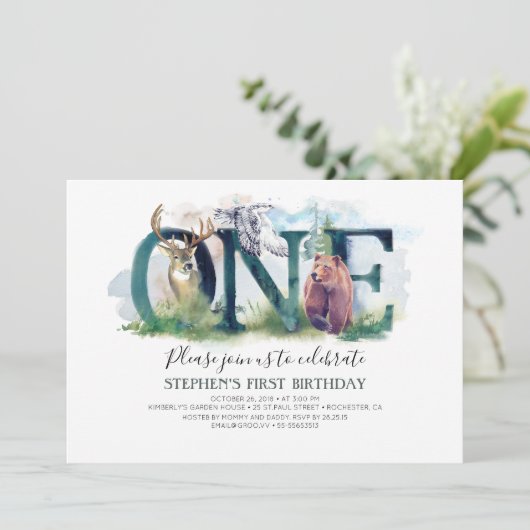 Waldtiere 1. Geburtstag Einladung (Stehend Vorderseite)