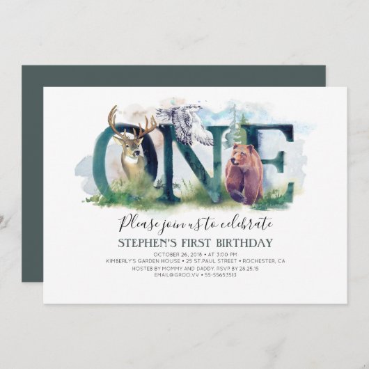 Waldtiere 1. Geburtstag Einladung (Vorne/Hinten)