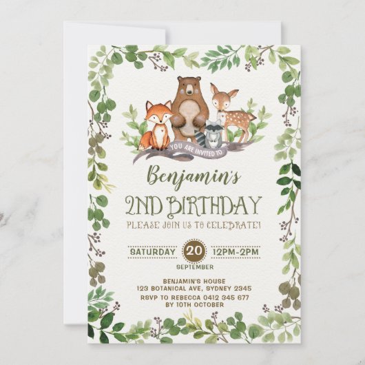 Waldtiere 2. Geburtstag Einladung (Vorderseite)