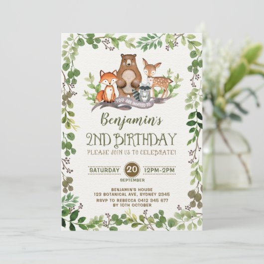Waldtiere 2. Geburtstag Einladung (Stehend Vorderseite)
