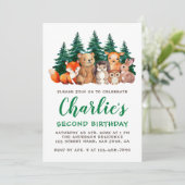 Waldtiere, 2. Geburtstag, Grüne Schrift Einladung (Stehend Vorderseite)