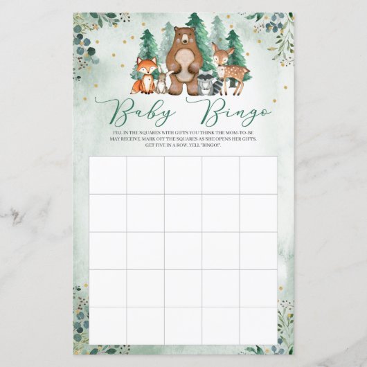 Waldtiere Baby Dusche Bingo-Spiel (Vorderseite)