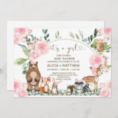 Waldtiere Baby Dusche einladen, rosa Rosen. Einladung (Vorne/Hinten)