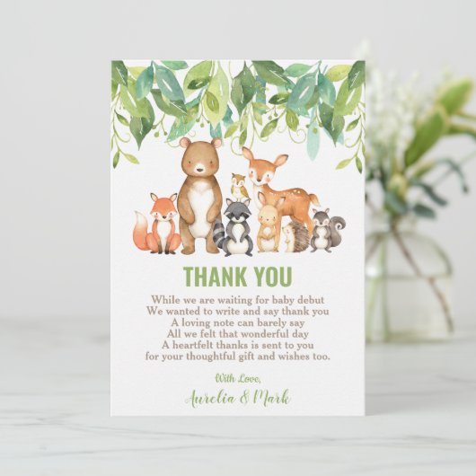 Waldtiere Baby Duschwald Junge neutral Dankeskarte (Stehend Vorderseite)