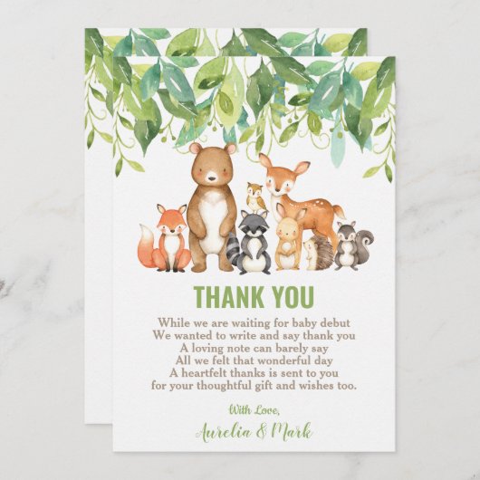 Waldtiere Baby Duschwald Junge neutral Dankeskarte (Vorne/Hinten)