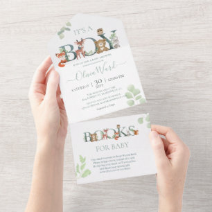 Waldtiere Baby Shower   Bücher für Baby All In One Einladung