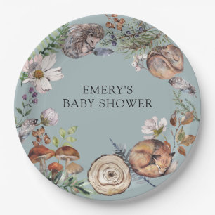Waldtiere Baby Shower Dusty Blue Pappteller
