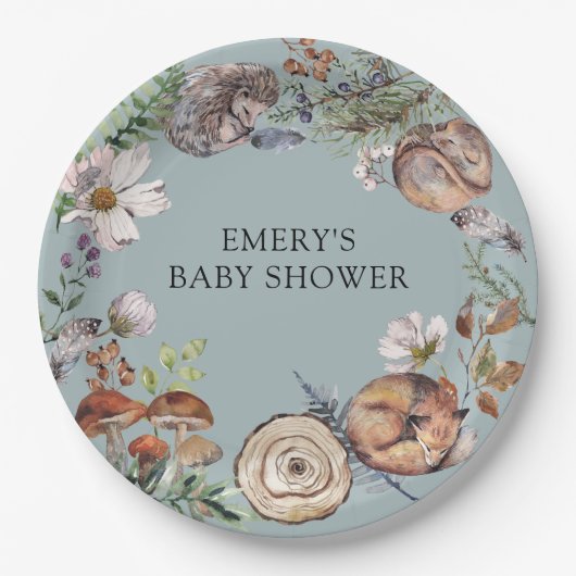 Waldtiere Baby Shower Dusty Blue Pappteller (Vorderseite)