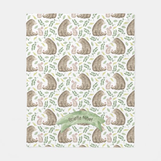 Waldtiere Bär und Kaninchen + Name Fleecedecke (Vorderseite)