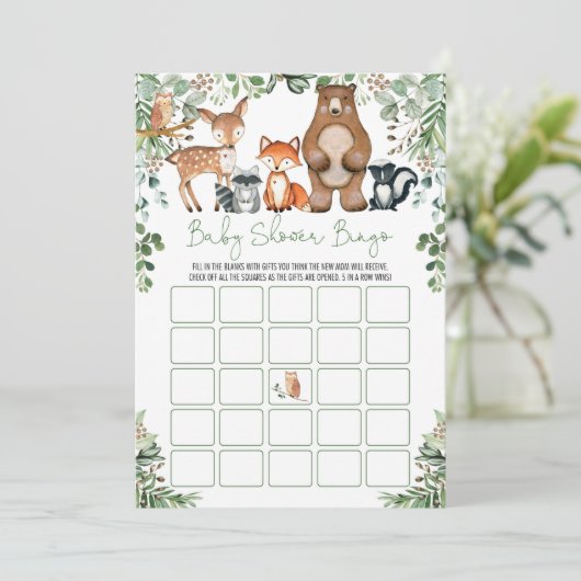 Waldtiere Bingo Baby Duschspiel Einladung (Stehend Vorderseite)