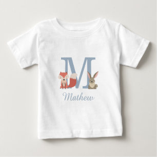 Waldtiere Blau Baby Junge Initiale Monogramm T-shirt