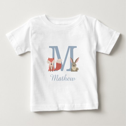 Waldtiere Blau Baby Junge Initiale Monogramm T-shirt (Vorderseite)
