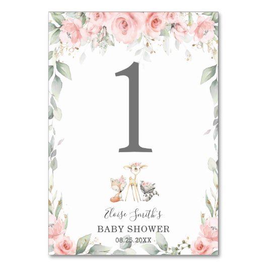 Waldtiere Blush Blumengrün Babydusche Tischnummer (Rückseite)