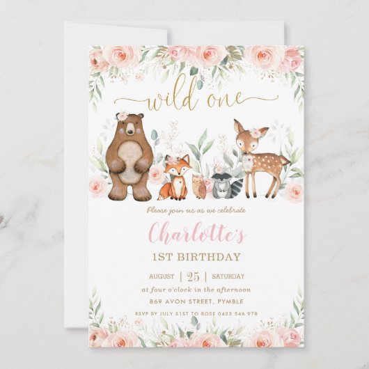 Waldtiere Blush Floral 1. Geburtstag Einladung (Vorderseite)
