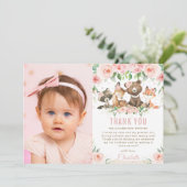 Waldtiere Blush Floral 1. Geburtstag Foto  Dankeskarte (Stehend Vorderseite)