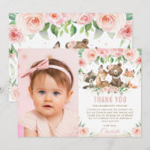 Waldtiere Blush Floral 1. Geburtstag Foto  Dankeskarte (Vorne/Hinten)