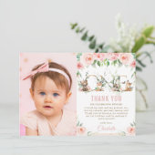 Waldtiere Blush Floral 1. Geburtstag Foto   Dankeskarte (Stehend Vorderseite)